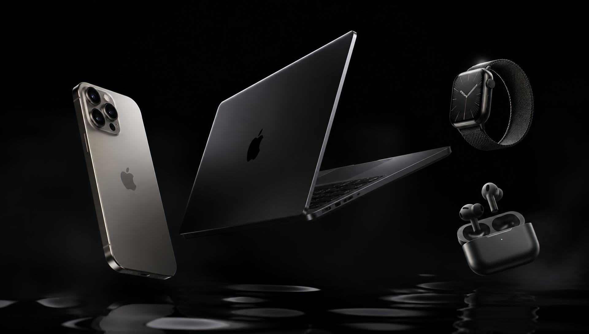Montagem com iPhone, MacBook, Apple Watch e AirPods